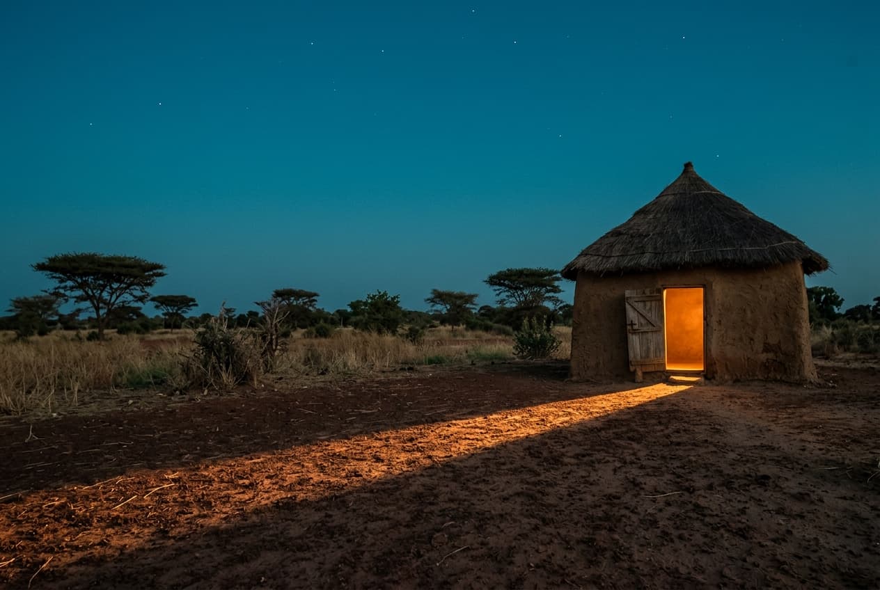 Grenier traditionnel sahélien au crépuscule, porte entrouverte laissant échapper une lumière dorée